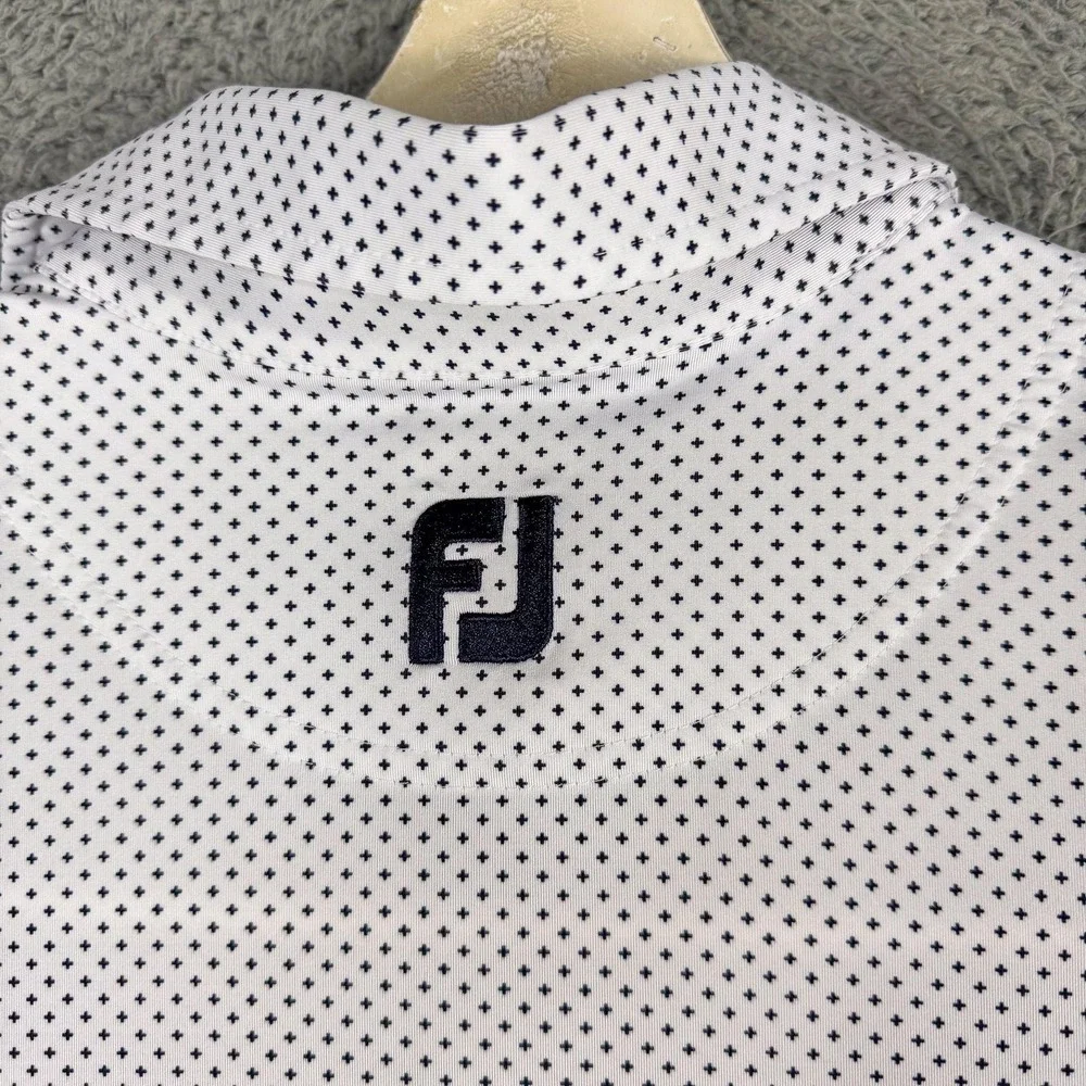 FootJoy Polo Shirt Mens Large White Micro Print‎ 1947 Lamp Post Golf Stretch Top